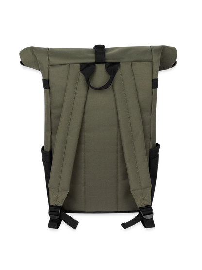 Roll-Top Rucksack in Militärgrün, hinten